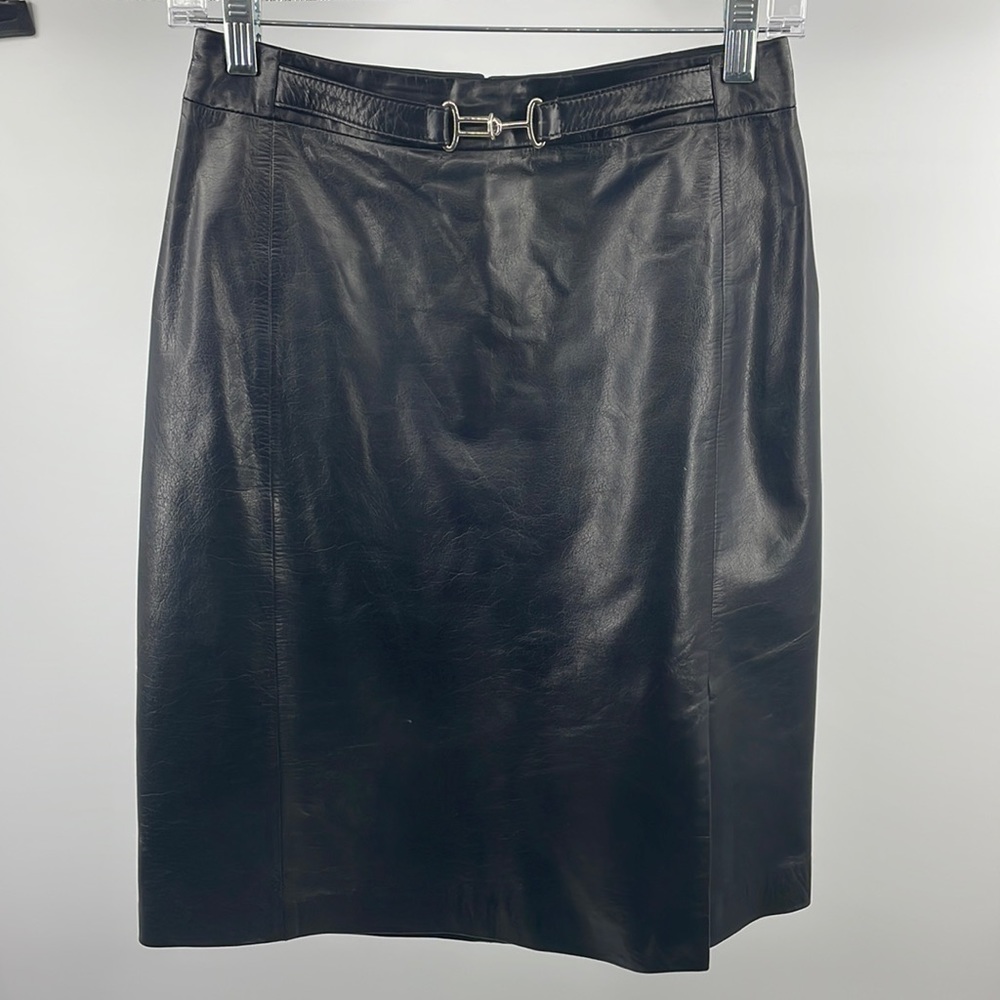 Vintage Ann Taylor 100% Leather Skirt w/ Silver Buckle Belt Size 2